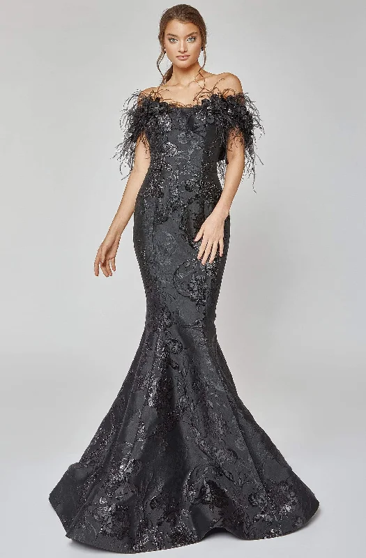 Terani Couture 1921E0136 - Feather Trimmed Evening Gown