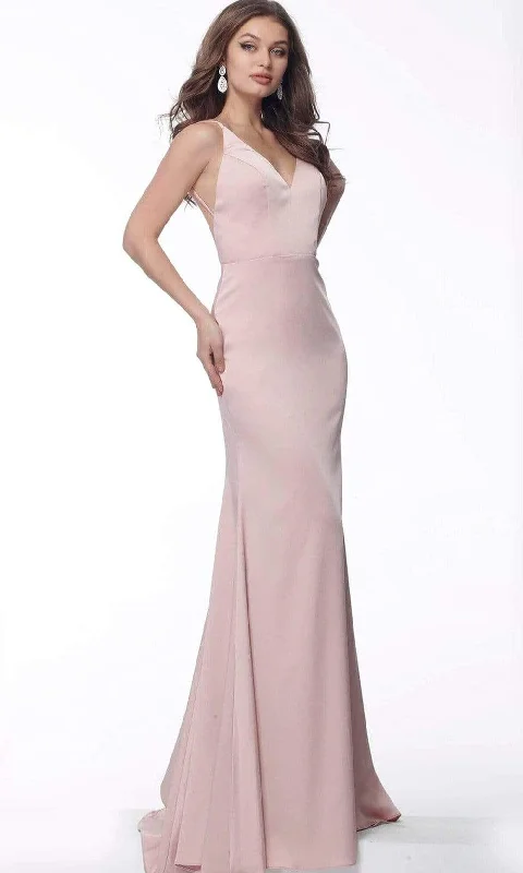 Jovani 66682 - V-Neck Backless Satin Evening Gown