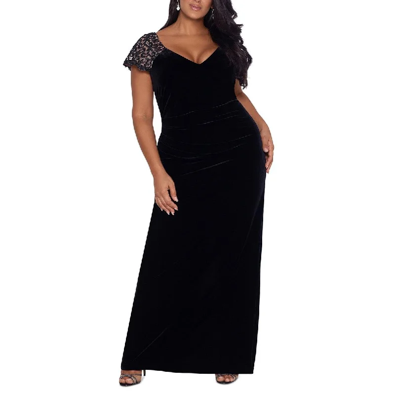 X by Xscape Womens Plus Velvet V-Neck Evening Dress