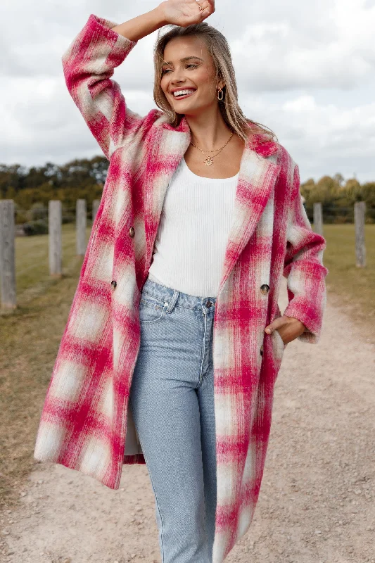 Gianna Button Front Plaid Long Coat - Pink