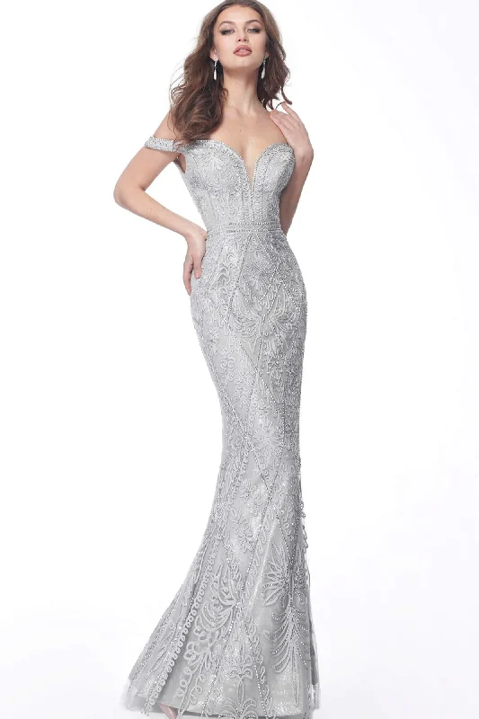 Jovani - 68130SC Embroidery Embellished Plunging Neck Evening Dress