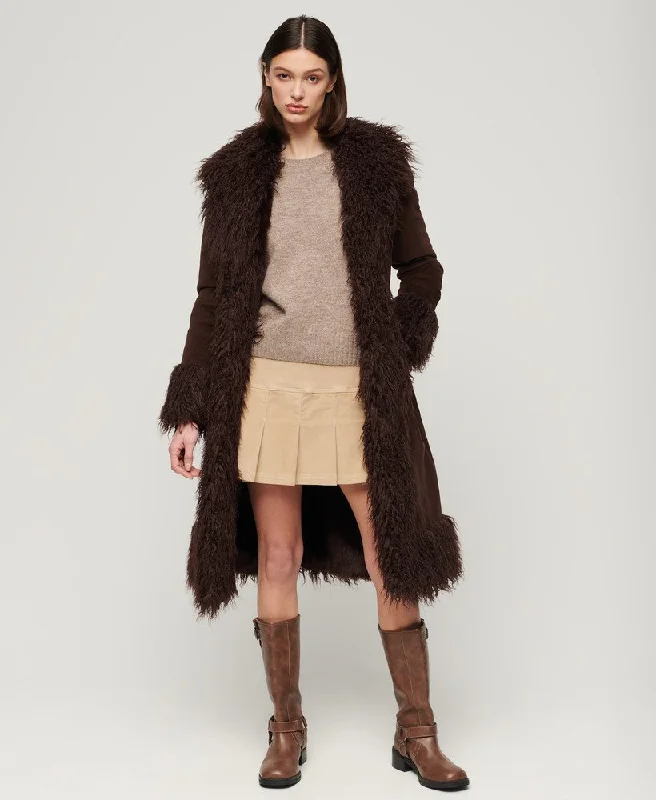 Faux Fur Lined Longline Afghan Coat | Coffee Bean Brown