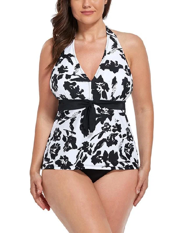 Black White Floral Halter Tankini Set