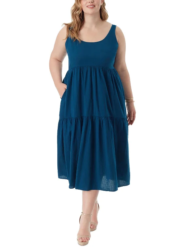 Plus Cheryl Womens Tiered Seersucker Maxi Dress