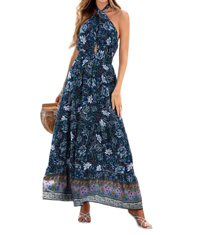 Floral Print Halter Tie Maxi Dress In Navy Floral