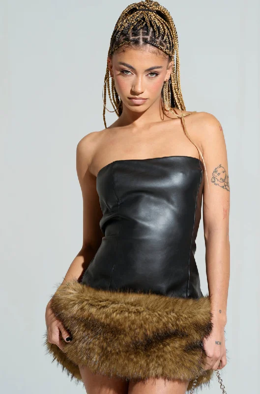 BARON PU MINI DRESS WITH FUR TRIM