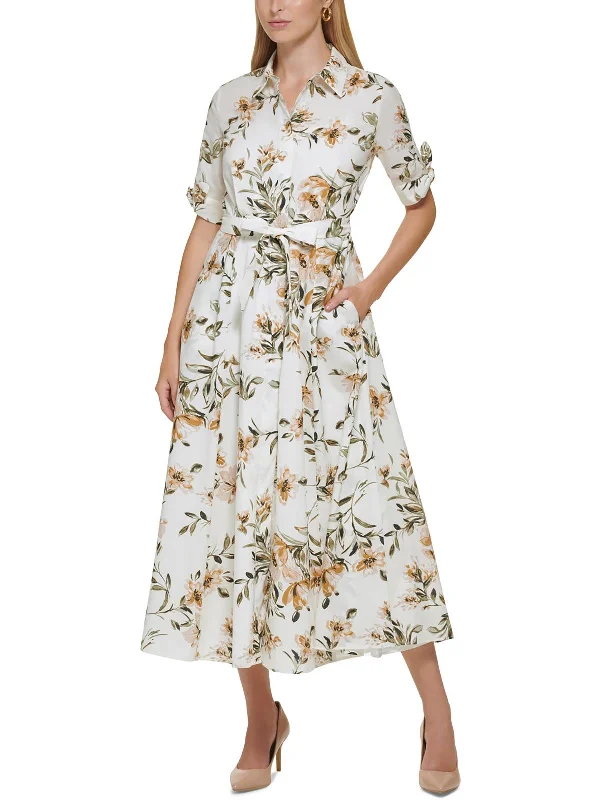 Petites Womens Floral Print Maxi Shirtdress