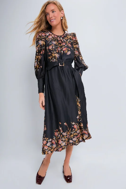 Midnight Blossom Satin Midi Dress