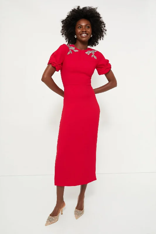 Pomegranate Embellished Short Sleeve Midi Dress