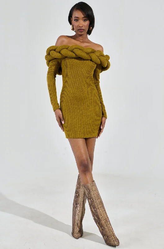 NOT IN THE MOOD KNIT BRAIDED MINI DRESS IN OLIVE