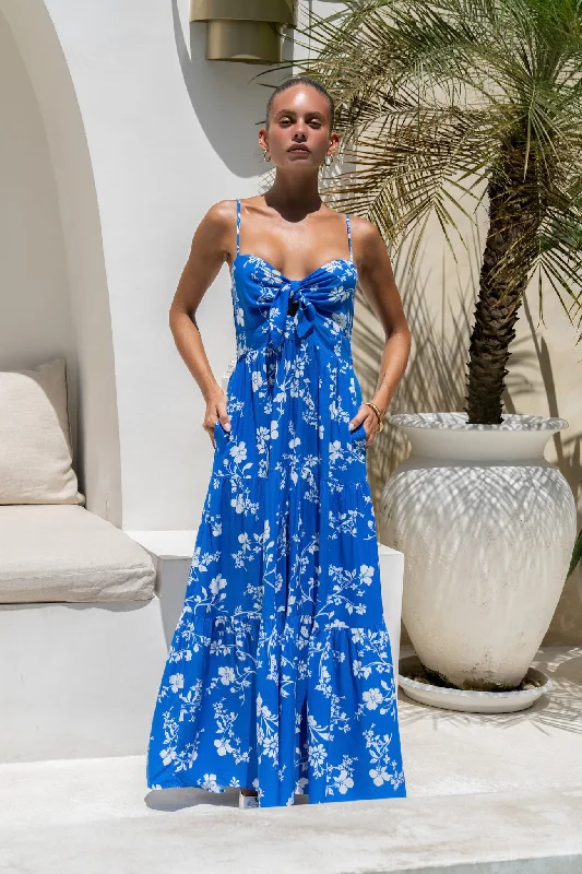 Lunaria Blue Floral Tie Detail Tiered Maxi Dress