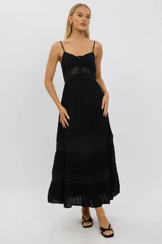 Black Maxi Dress Strappy Lace Trim