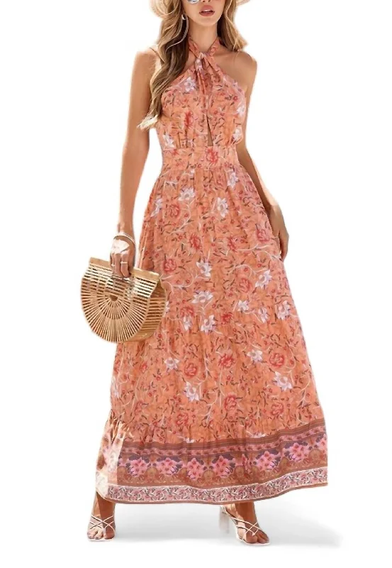 Floral Print Halter Tie Maxi Dress In Orange Floral