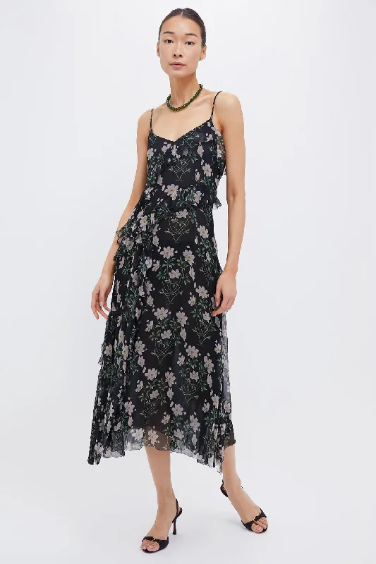 Black Elizabeth Print Midi Tiered Dress