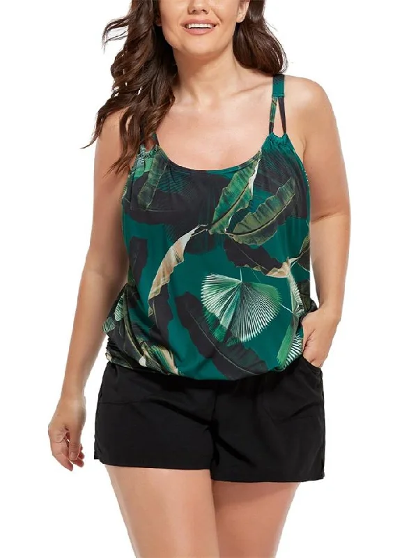 Green Grand Palms Loop Strap Blouson Tankini with Cargo Swim Short