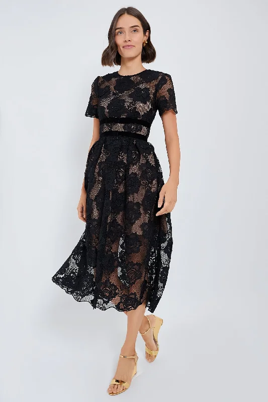 Black Lace Velvet Bow Midi Dress