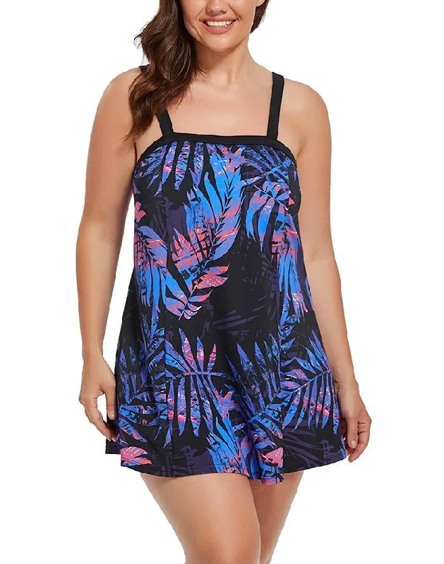 Black Tropical Floral Banded One Piece Swimdress