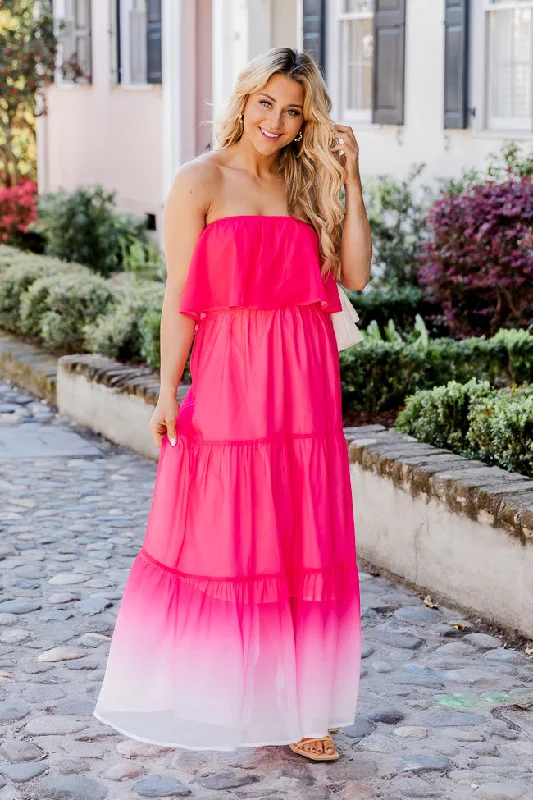 Bright On Time Hot Pink Ombre Strapless Maxi Dress FINAL SALE