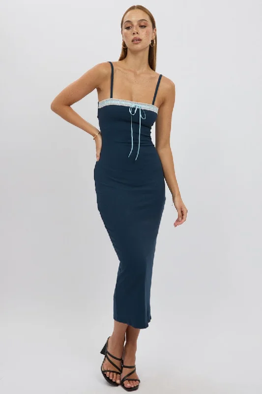 Blue Bodycon Dress Maxi Ribbon Trim