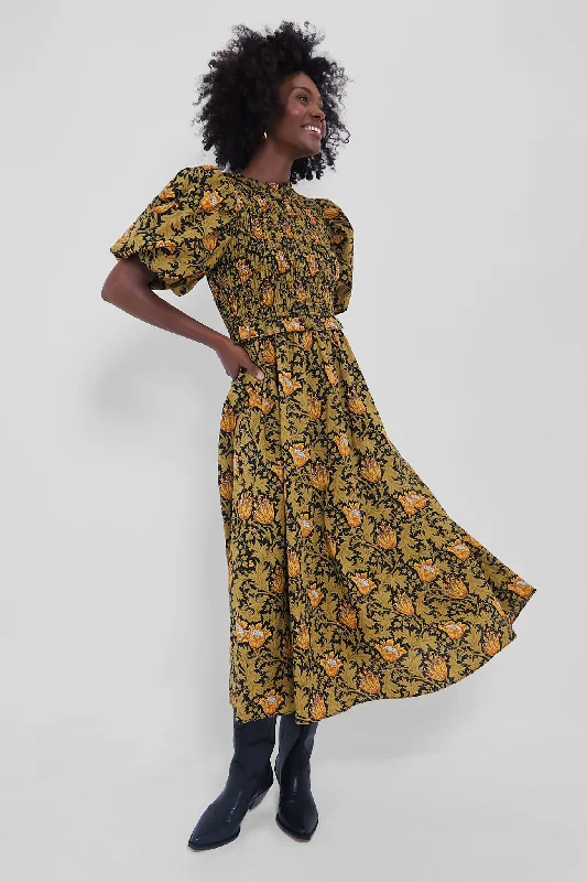 Olive Leafy Floral Smocked Smythe Midi Dress