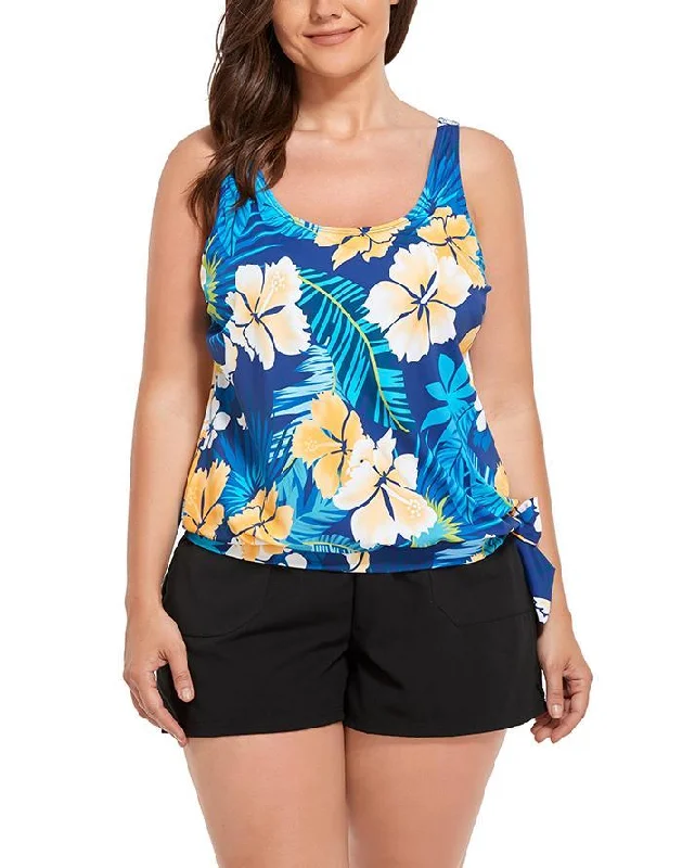 Yellow Flower Side Tie Blouson Tankini with Cargo Swim Short