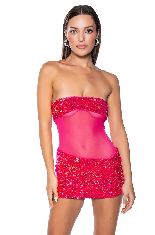 ENJOY THE VIEW MESH PANEL SEQUIN MINI DRESS