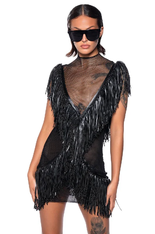 SHAKE YOUR TAIL FEATHERS FRINGE MESH MINI DRESS