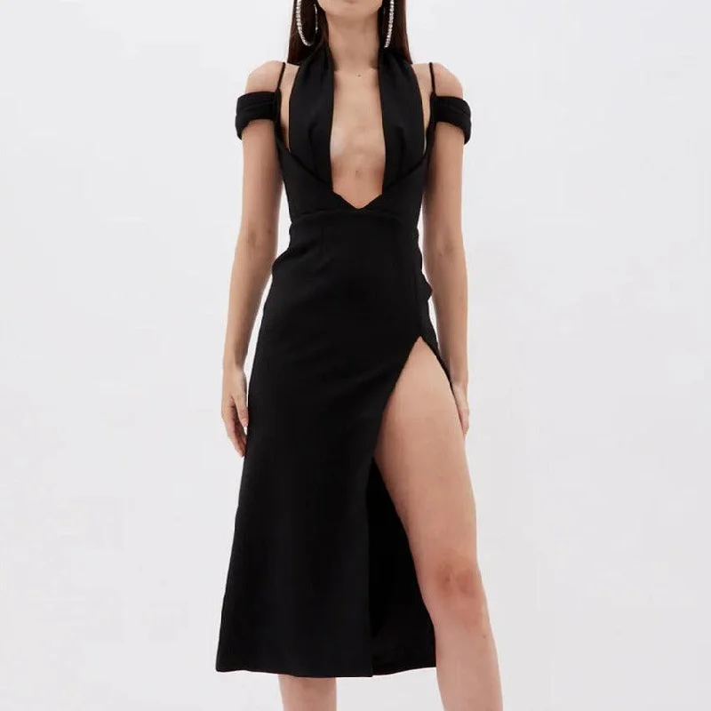 KittenAlarm - Coraline Halter Neck Thigh Slit Midi Dress