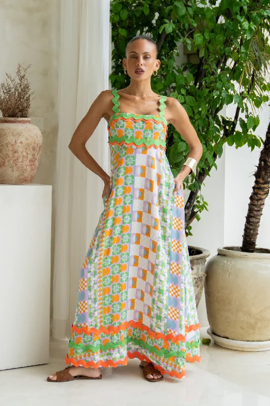 Annelie Multicolour Abstract Tile Ric Rac Maxi Dress