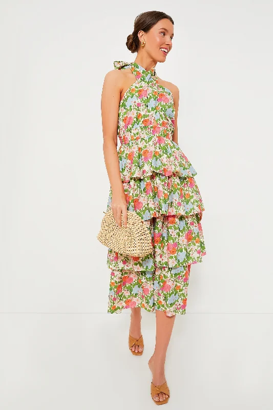 Multi Green Begonia Floral Jenny Halter Neck Midi Dress