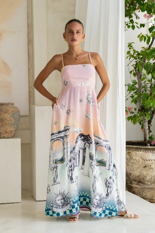 Valora Pink Abstract Flared Maxi Dress