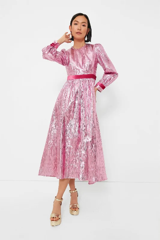 Pink Metallic Plisse Eloise Midi Dress