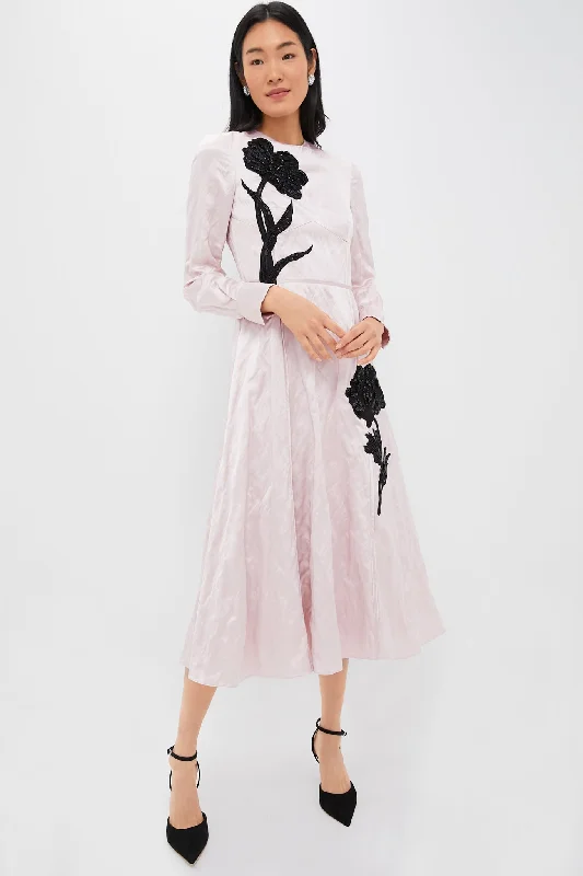 Pink Long Sleeve Aline Embellished Midi Dress