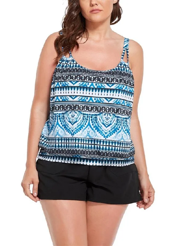 Geometric Print Loop Strap Blouson Tankini with Cargo Swim Short