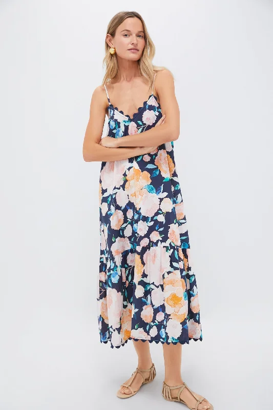 Midnight and Multi V-Neck Midi Dress in Peony Print with Ric Rac Trim