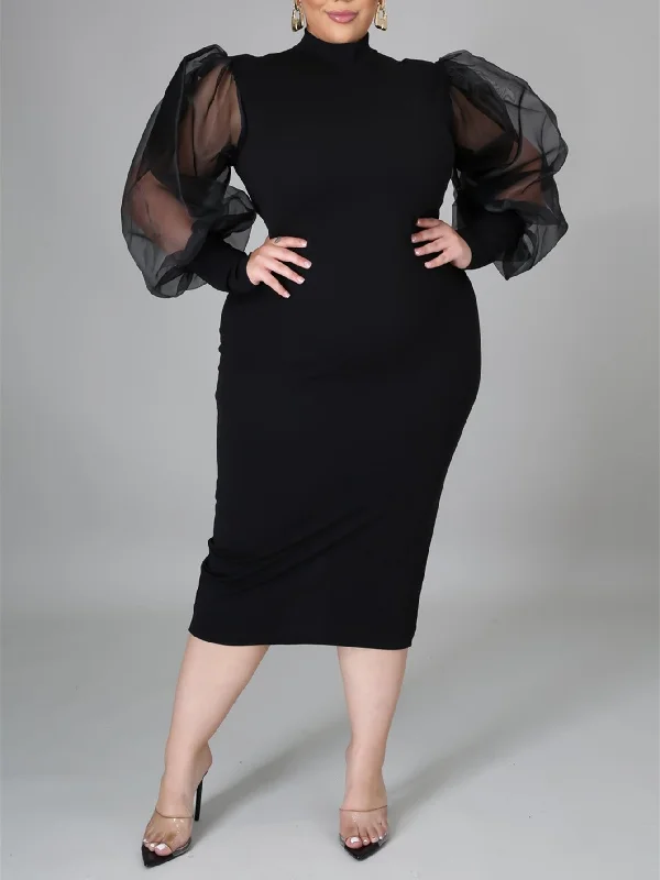 KittenAlarm - Fashion Puff Sleeve Plus Size Party Midi Dress