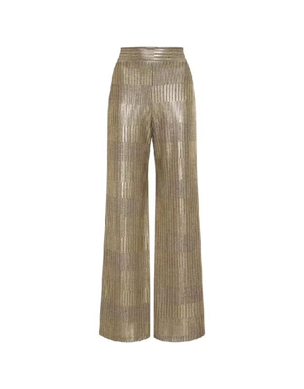 Nightcap Clothing High Waist Lamè Wide Leg Pant in Taupe & Gold