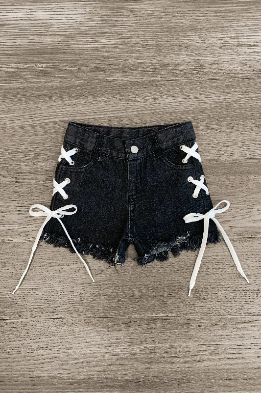 Black Lace Up Denim Shorts