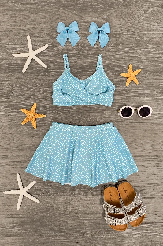 Light Blue & White Polka Dot Swim Skirt Set