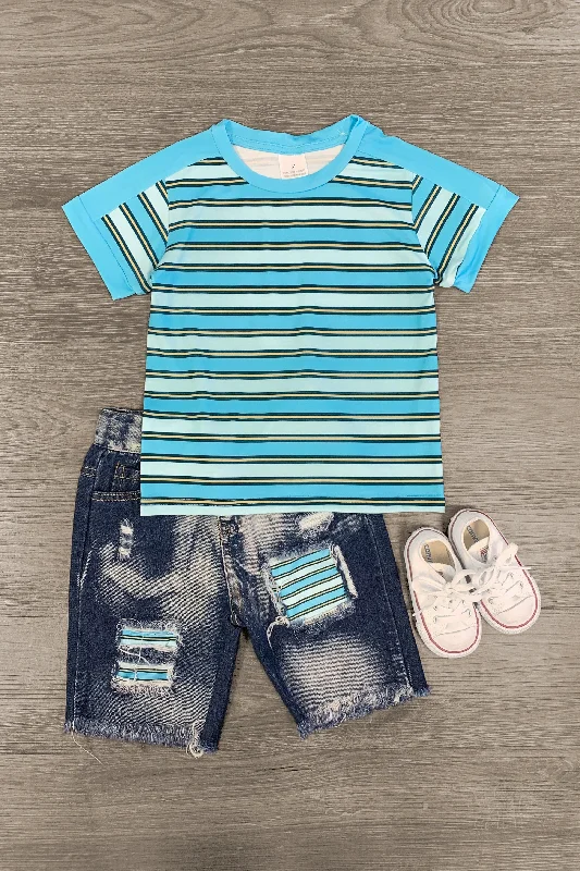 Blue & Yellow Stripe Denim Short Set