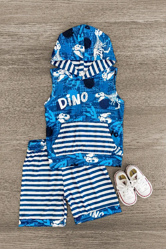 "Dino" Striped Sleeveless Hoodie Short Set