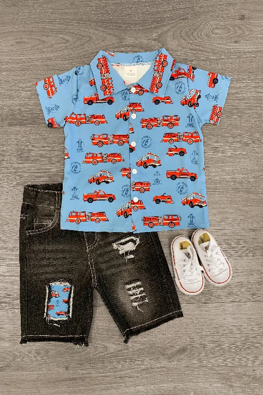 Firetruck Distressed Denim Short Set