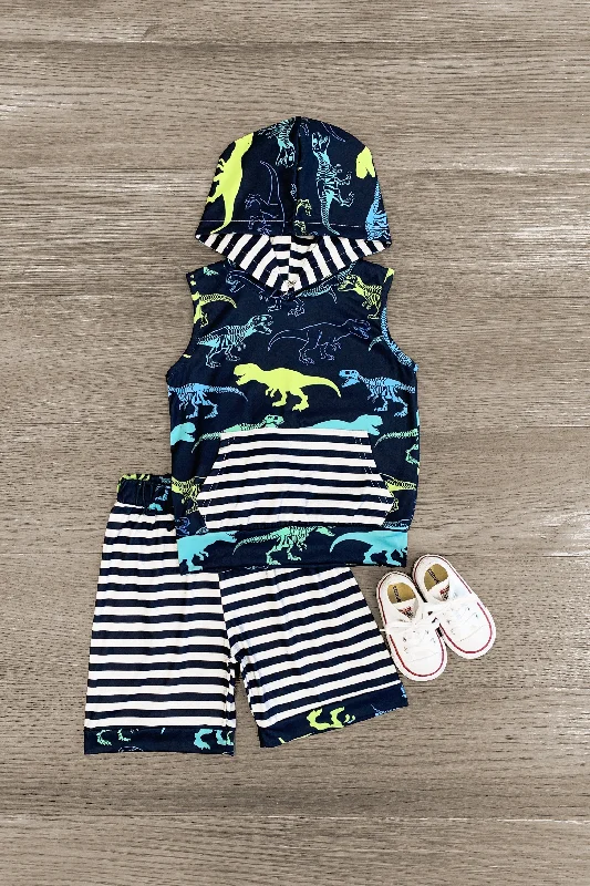 Navy Dinosaur Striped Sleeveless Hoodie Short Set