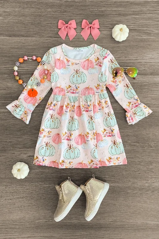 Pink Floral Pumpkin Bell Sleeve Dress