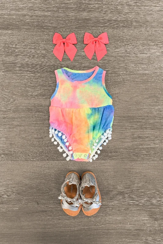 Sleeveless Tie Dye Pom Pom Onesie