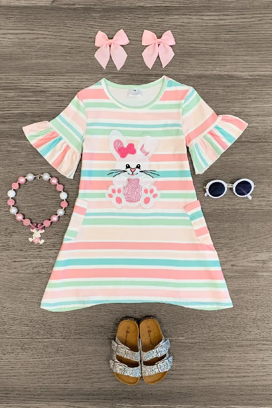 White Glitter Bunny Pastel Stripe Dress