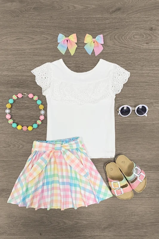 White Lace & Pastel Plaid Tie Skirt Set