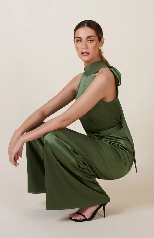 Soho Jumpsuit in Olive Green Satin