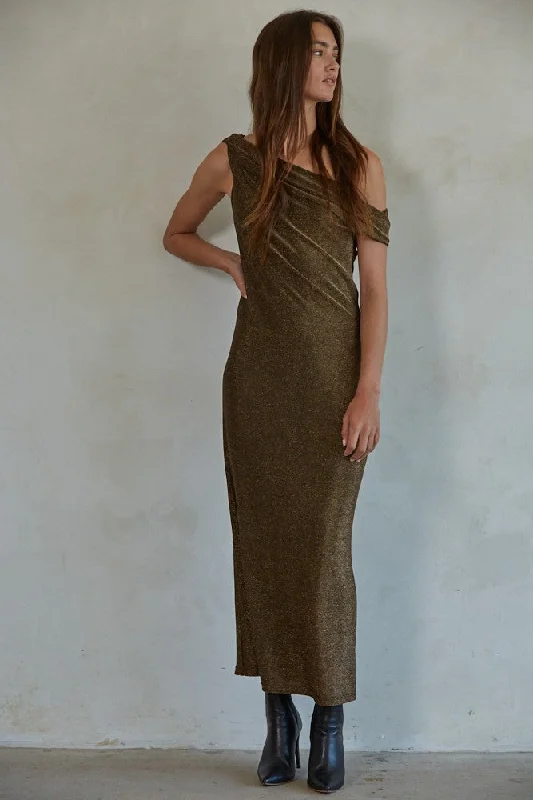 Metallic Bronze Off Shoulder Maxi Dress